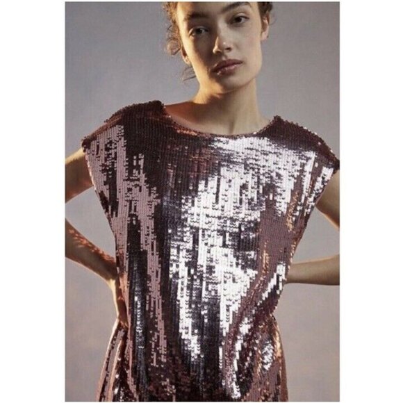 Anthropologie Maeve Kara Sequin Mini Dress Sz Medium NEW $168 Rose Pink - Picture 2 of 9